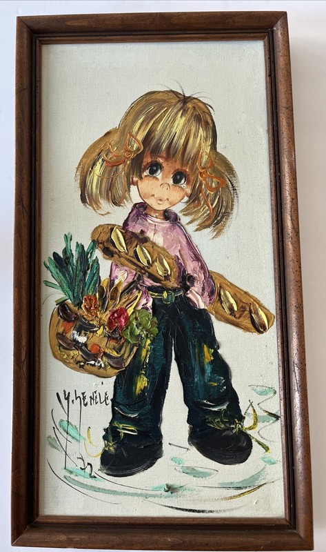 Vintage M Henele Big Eyed Girl MCM Midcentury Painting Art 1972