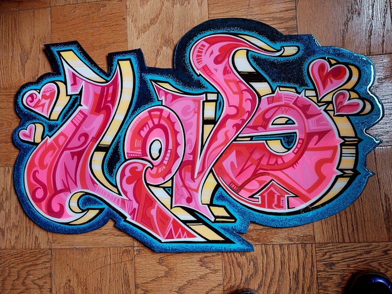 LOVE Graffiti Painting On Curved Wood - 38 X 24 - Epoxy Coat - Original gallery