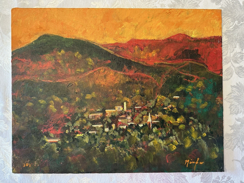 Original Signed Fall New England Vermont Mountain Church Road Town Oil Painting