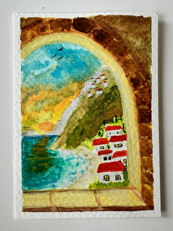 ACEO Original Watercolor Seascape Coastal Village Sunset Painting on Paper