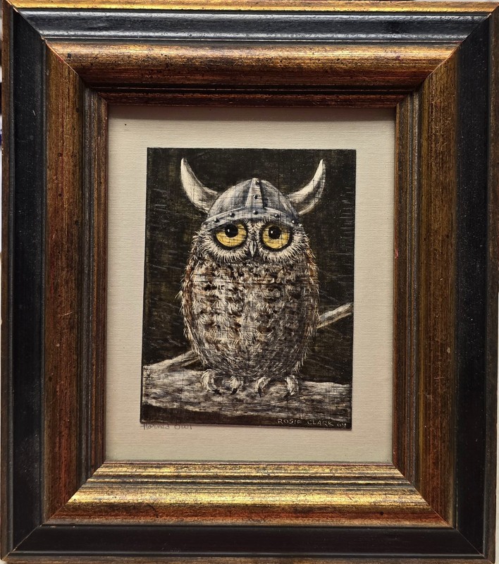 Rosie Clark (1929-2016) Horned Owl Oil Painting On Scratch Board 1965 Signed