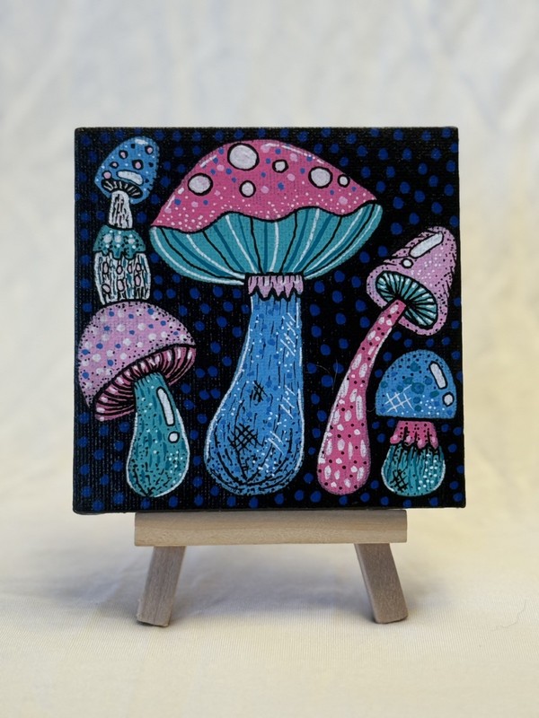 Acrylic Painting Decor On 4”x4” Canvas- Mushrooms By Sara Jessup (SJessupArt)