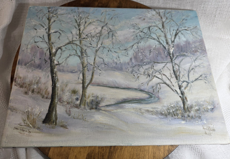 VTG June Wilson Original Winter Landscape Painting Cozy Snowy Woods Stream 12x16 gallery