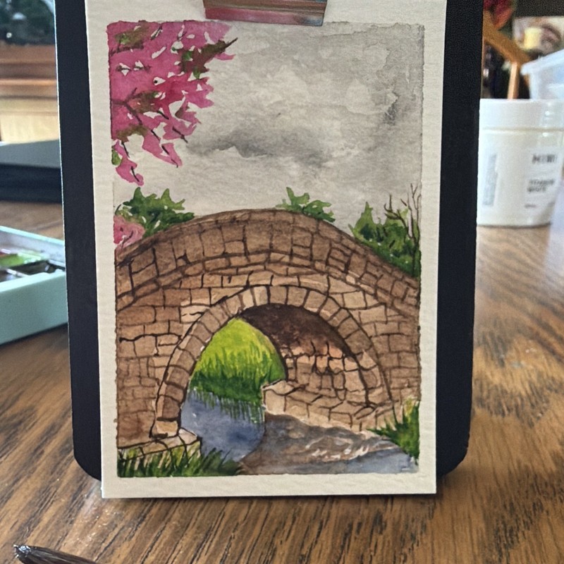 Donna Hawk ACEO Original Watercolor Stone Bridge River Flowers Signed Unframed gallery