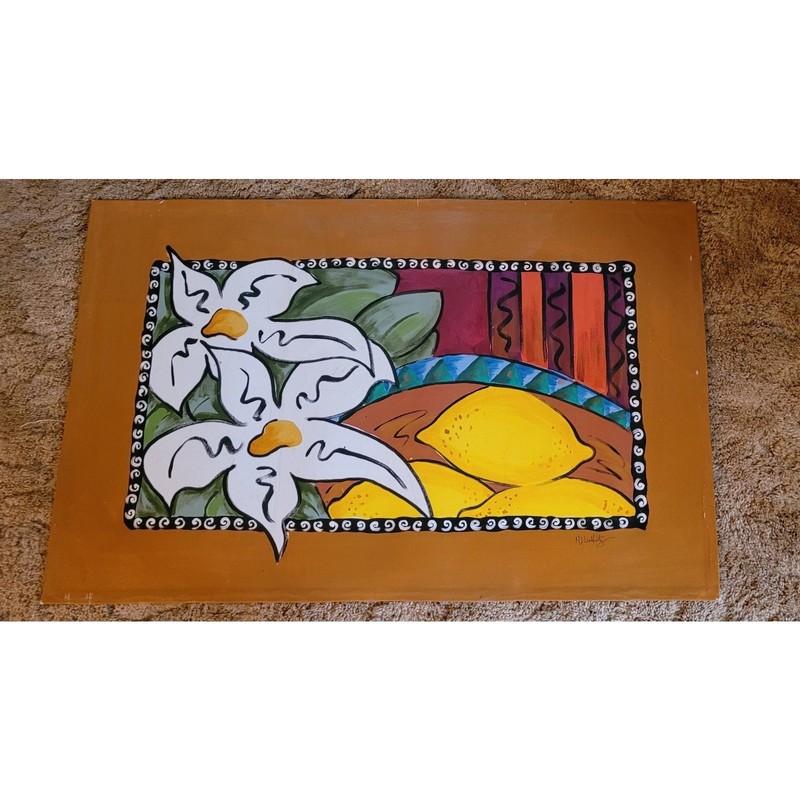 MJ Luellwitz Stylized Still Life Flowers & Fruit Acrylic ORIGINAL Painting-27X42 gallery