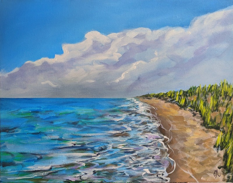 Original Painting on Canvas. Ocean Art. Beach Shoreline Landscape. 11×14 W COA
