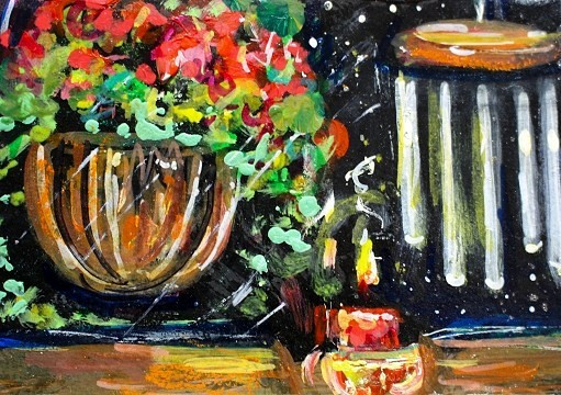 ACEO Original PAINTING Summer WINDCHIMES Flowers Candle Night Window ATC ART