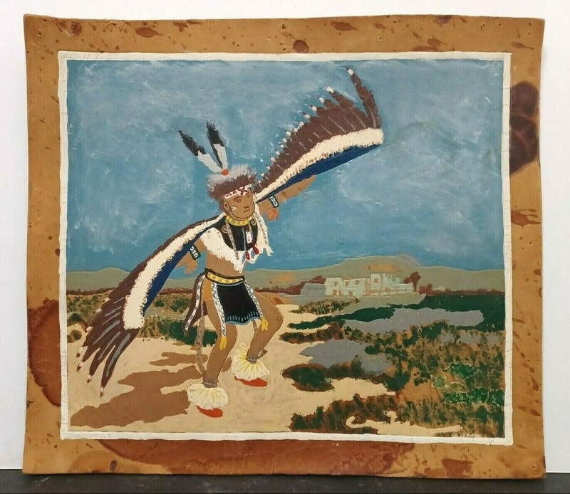 STRIKING ORIGINAL OIL on LEATHER HIDE NATIVE AMERICAN MEDICINE MAN in LANDSCAPE