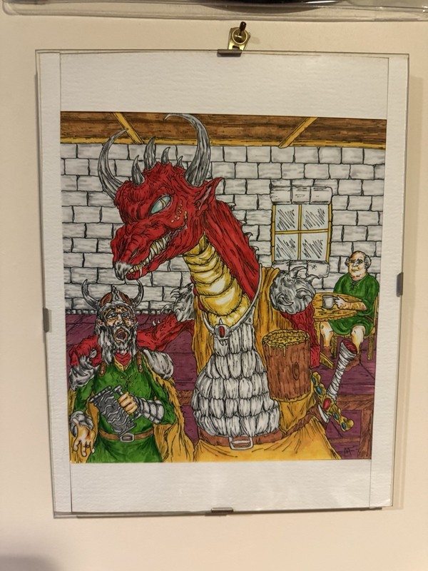 “The Dragon Bar” Original Artwork 8×11” Art In Frame Knights D&D Fantasy Beer