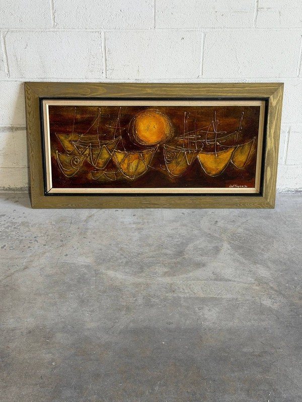 Vintage Danish Modern Sailboat Painting Signed Led Tingkær 1970
