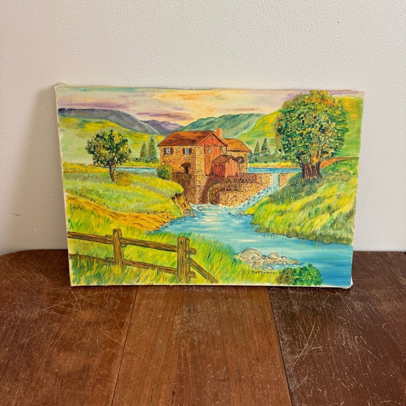 Vintage DeMarko Signed Oil Painting Landscape Water Mill River Mountains 20×13.5