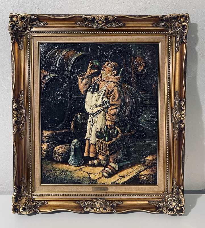 Large Laszlo Kohanecz 1981 Framed Monk In A Cellar 3D Impasto Painting Signed
