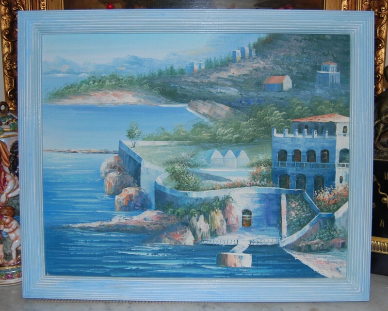 VTG SIGNED FRAMED ORIGINAL OIL MEDITERRANEAN SHORE SEASCAPE ARTIST: TONNIE BARR