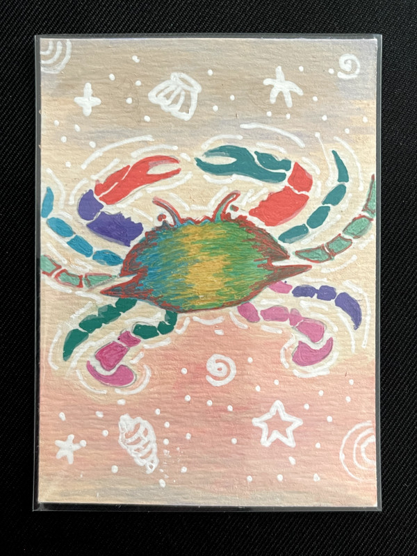 ACEO Original, Abstract Whimsical Crab, Mini Art Painting, by Annibbie