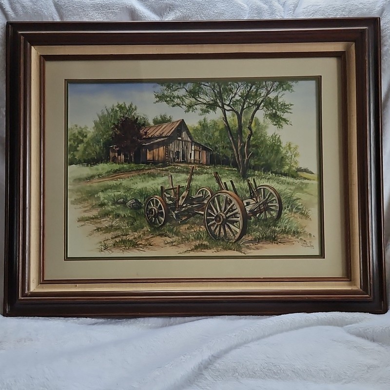 Terry Thornsley Signed Original Watercolor Framed Barn Wagon Wheels Painting