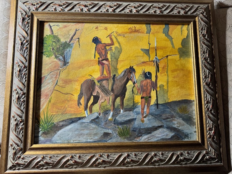 Superb «Natives Drawing On Stone Wall Scene» Watercolor Painting – Framed