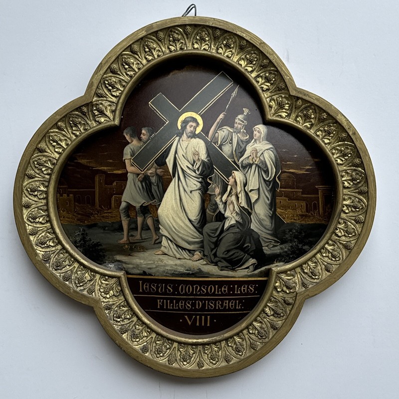 ANTIQUE OLD MASTER PAINTING PORTRAIT Icon Station Of The Cross Religious Metal