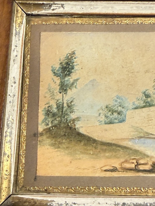 Antique Mini Folk Art Watercolor Landscape Painting Grazing Cows w/ Period Frame gallery