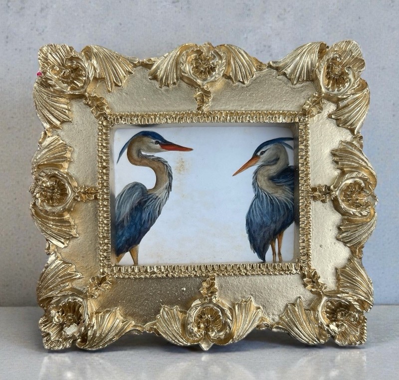 Blue Heron birds watercolor print of original in mini vintage style ornate frame