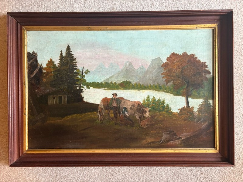 19th Century Original Landscape Oil Painting, Cows, Framed