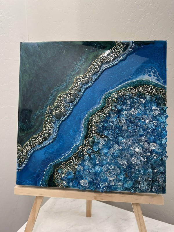 Geode Inspired Epoxy Resin Art On Wooden frame 12”x12” Handmade