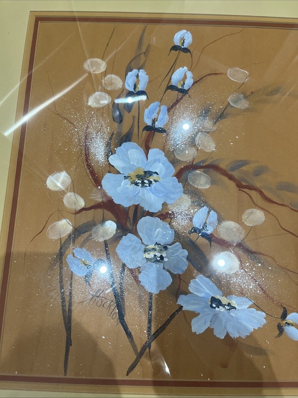 Vintage 1960s MCM Original Floral Painting Signed Hockton Triple Matted Framed gallery