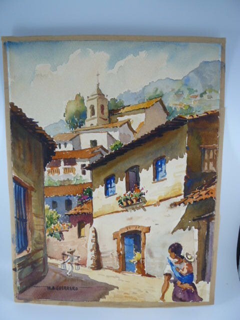 ORIGINAL WATERCOLOR M.A. GUERRERO GREAT CONDITION MEXICAN TOWN