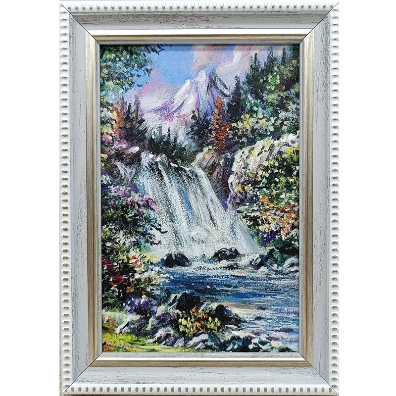 Waterfall Original Oil Painting 4×6 Framed Signed River Landscape Nature Wall Ar