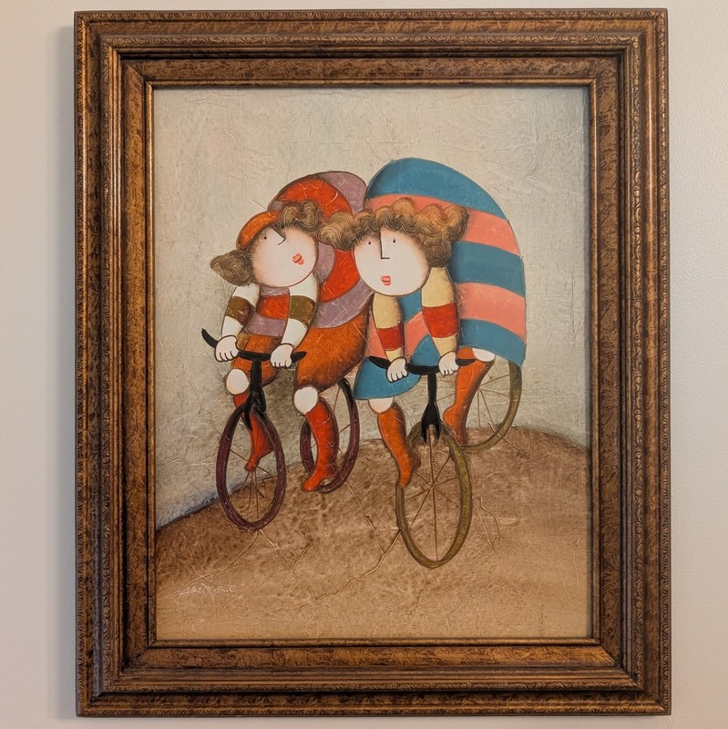 Joyce Roybal Signed Framed Oil Painting Two Girls On Bicycles 19.75″ x 15.5″