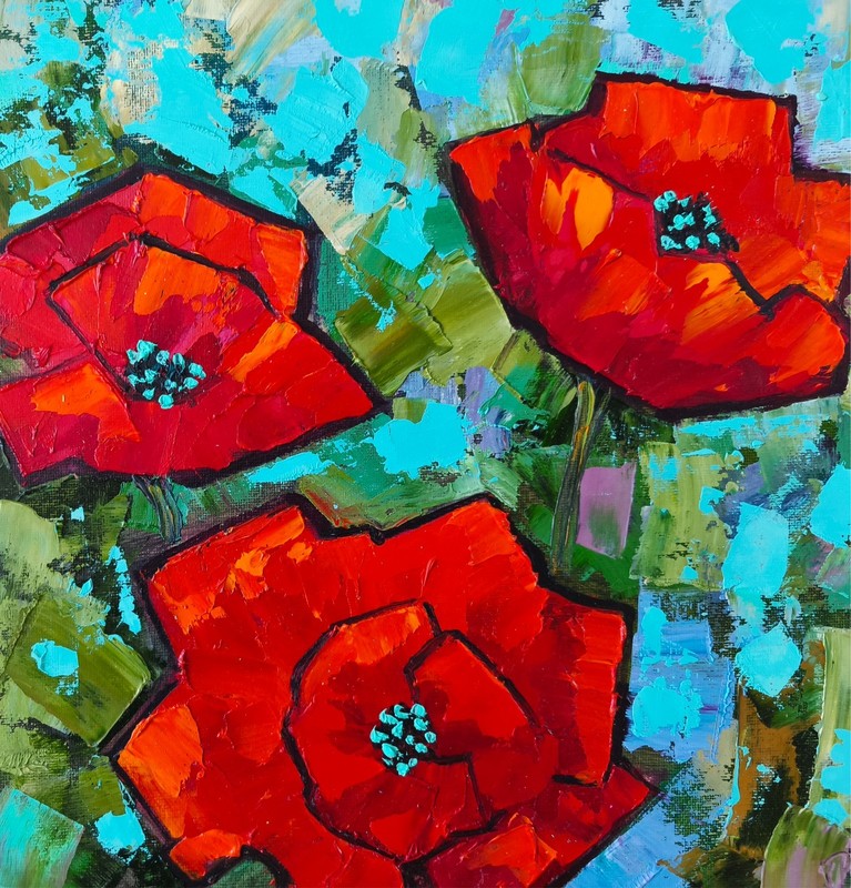 Original Oil Painting Red Poppy Flower Art on Canvas Board 30x30cm Signed