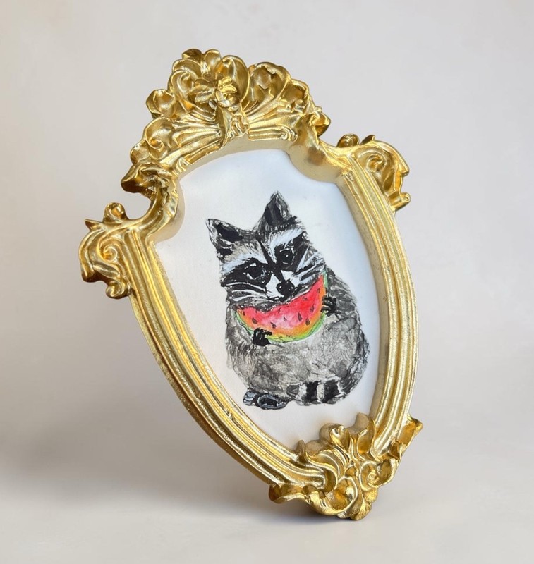 Raccoon eating Watermelon 🍉 mini animal print • vintage style gold ornate frame gallery