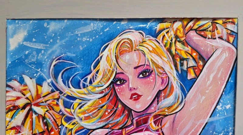 Original Cheerleader Anime Girl Painting A4 OOAK Handmade Woman Pin Up Art Sport
