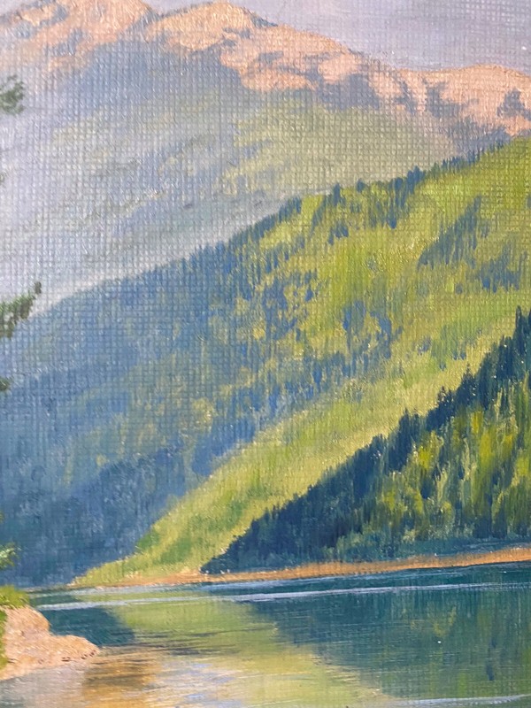 Oil Painting Sign Rotter 1924 IN Morgengrauen At Achensee With Mountain gallery