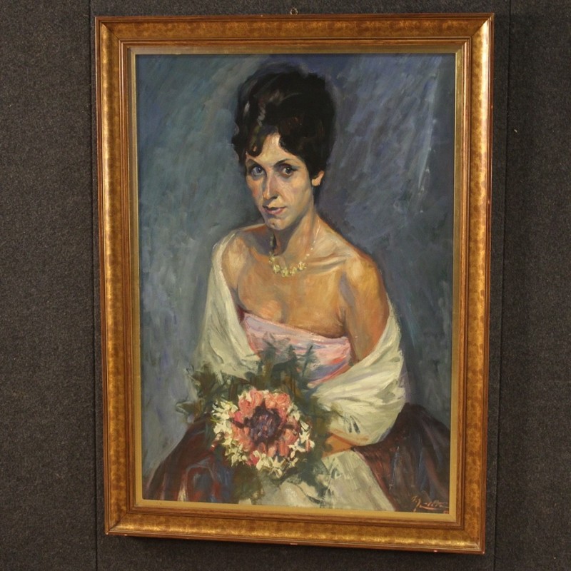 Painting portrait lady framework signed mixed media 900 cardboard 20th century gallery