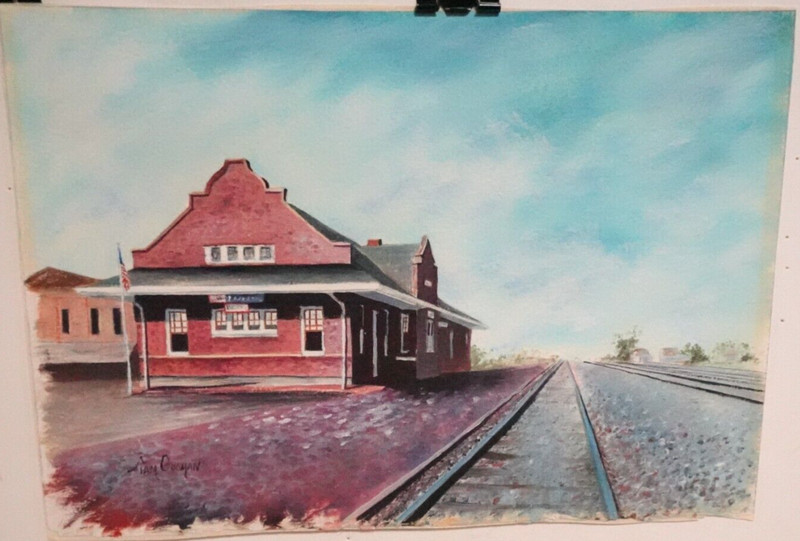 TAM GOODMAN NORTH DAKOTA TRAIN STATION ORIGINAL WATERCOLOR LANDSCAPE PAINTING