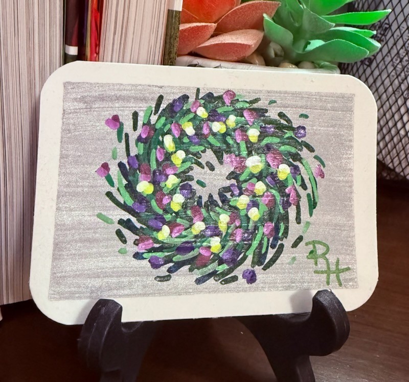 Metallic Colorful Blue Floral Wreath ACEO art card original signed 2.5×3.5