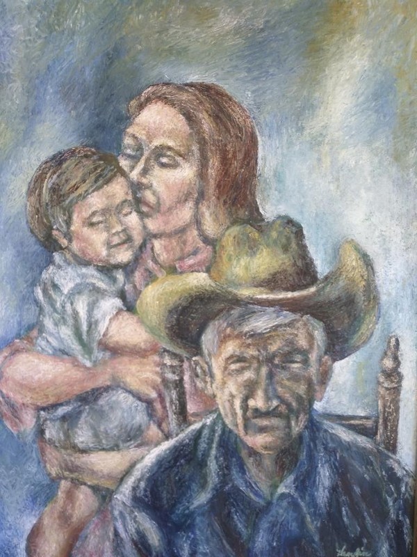 Vintage Cowboy Family Portrait Oil Painting Hendin Oklahoma Framed Original Art