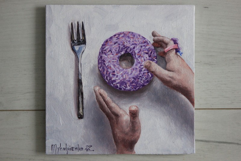Donuts oil painting, Donuts Still life, Dessert ORIGINAL Small Kitchen Art 8x8in gallery
