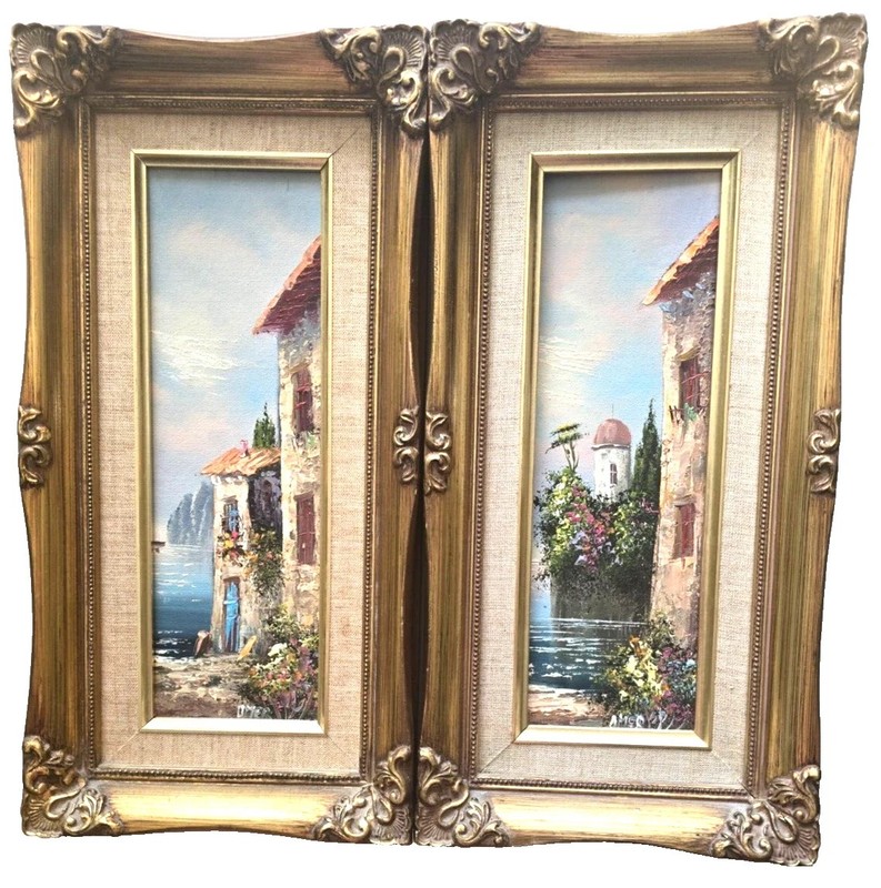 Original oil 2 painting on wood signed by OMER on wood frames 16×8”