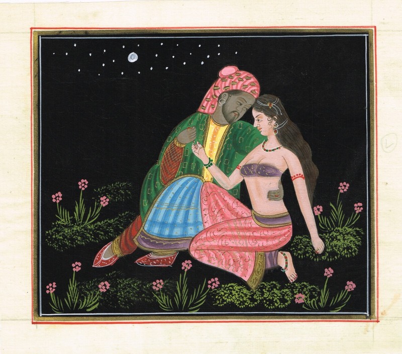 Handmade Miniature Painting of Rajasthani Couple Love Scene on Silk 8.5″x7.5″