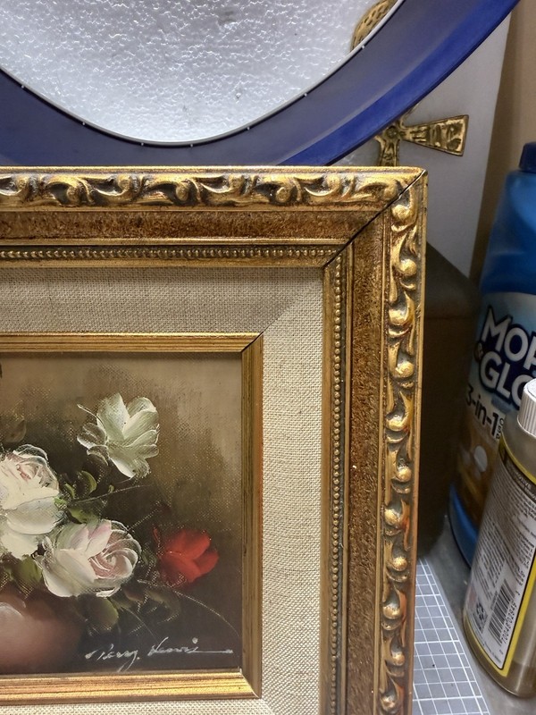 Vintage Signed Henri Floral Oil Painting Roses in Ornate Gold Frame 11x9 Still L gallery