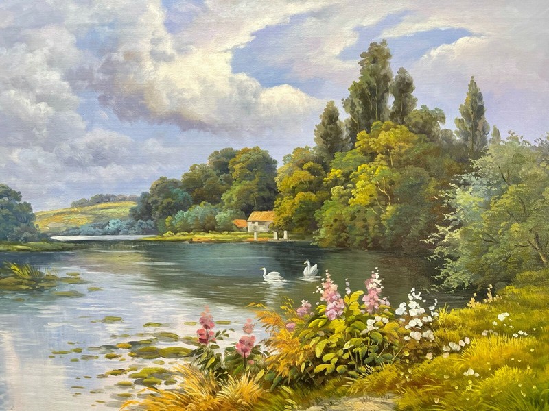100% hand-painted Mountain & flower 36×24 inch oil paintings The classical field