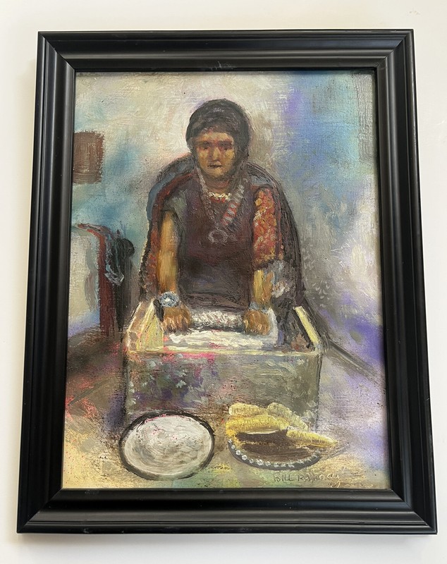 Vintage Oil Painting “Corn Grinding For Tortillas” by Bill Rakocy