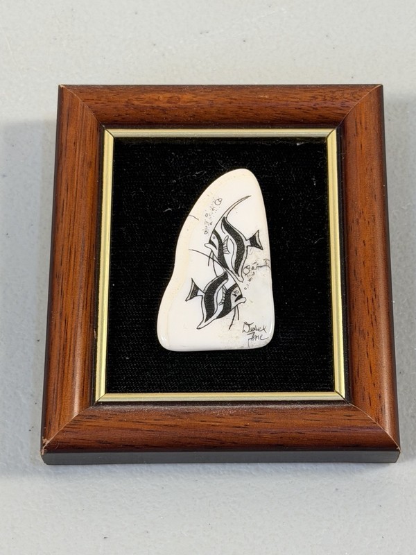 Original Etching on Bone Folk Art Fish Signed By Artist