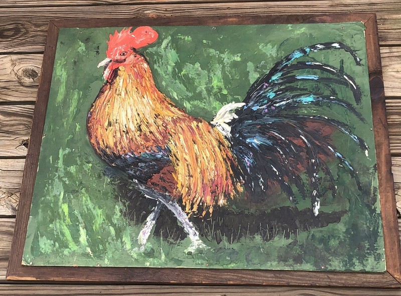 Rooster Chicken Impasto Painting Original Impressionism 24×30” Farm Cottage VTG