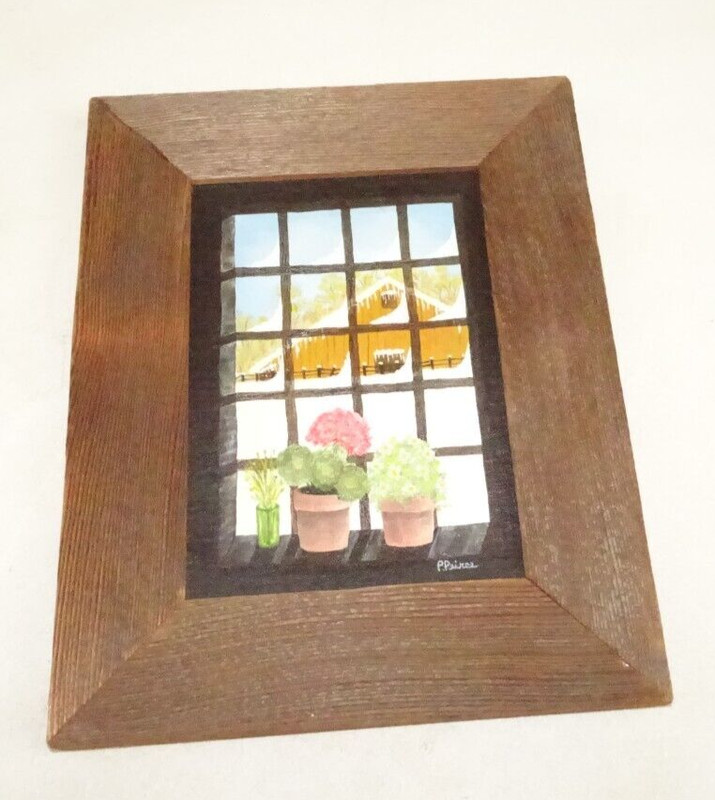 Farm Homestead Snow Oil Painting P Peirce Window Flower Pots Rustic Wood 8×10