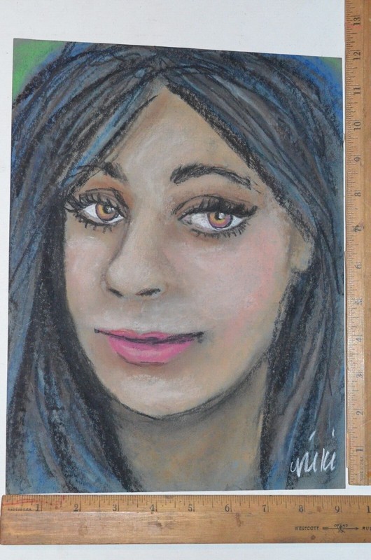 Original Art chalk Pastel Portrait brunette woman 9 x 12 inches