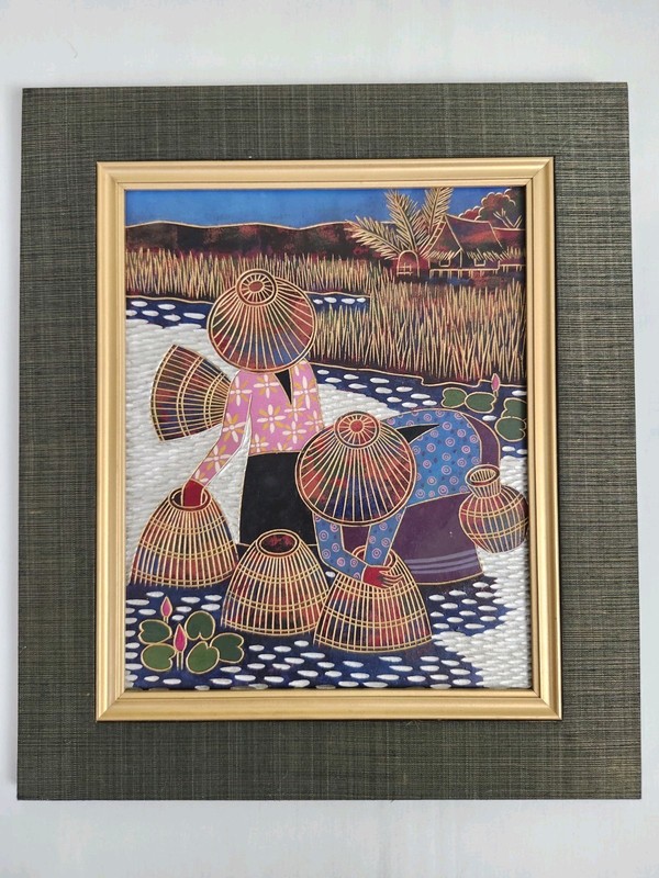 Vintage Southeast Asian Lacquer Painting Fishing Scene Framed Wall Art Women