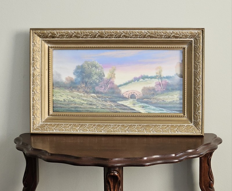 Antique Framed Pastel Landscape Painting w/River, Bridge, & Trees Unsigned 18x11 gallery