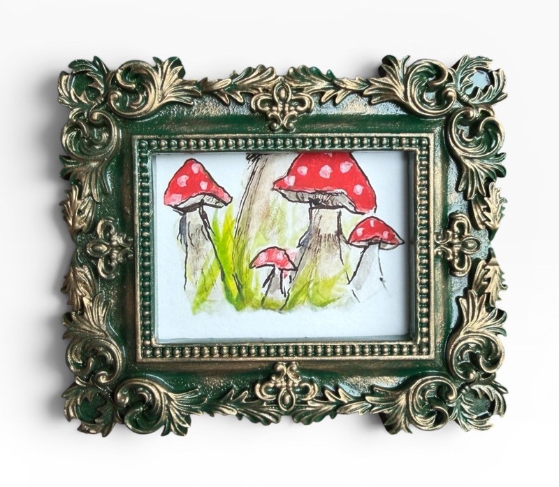 Mushroom Landscape mini watercolor print of original painting • ornate frame
